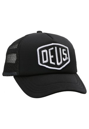 Black cap with a curved brim, mesh panels, and a white embroidered "DEUS" logo on a patch. Crafted from fabric and mesh materials.