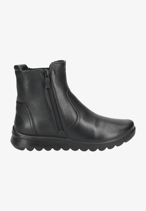 Bottines en cuir noir avec une finition lisse, fermeture éclair sur le côté et accents texturés. Dotées d'un bout rond et d'une semelle rembourrée pour le confort.