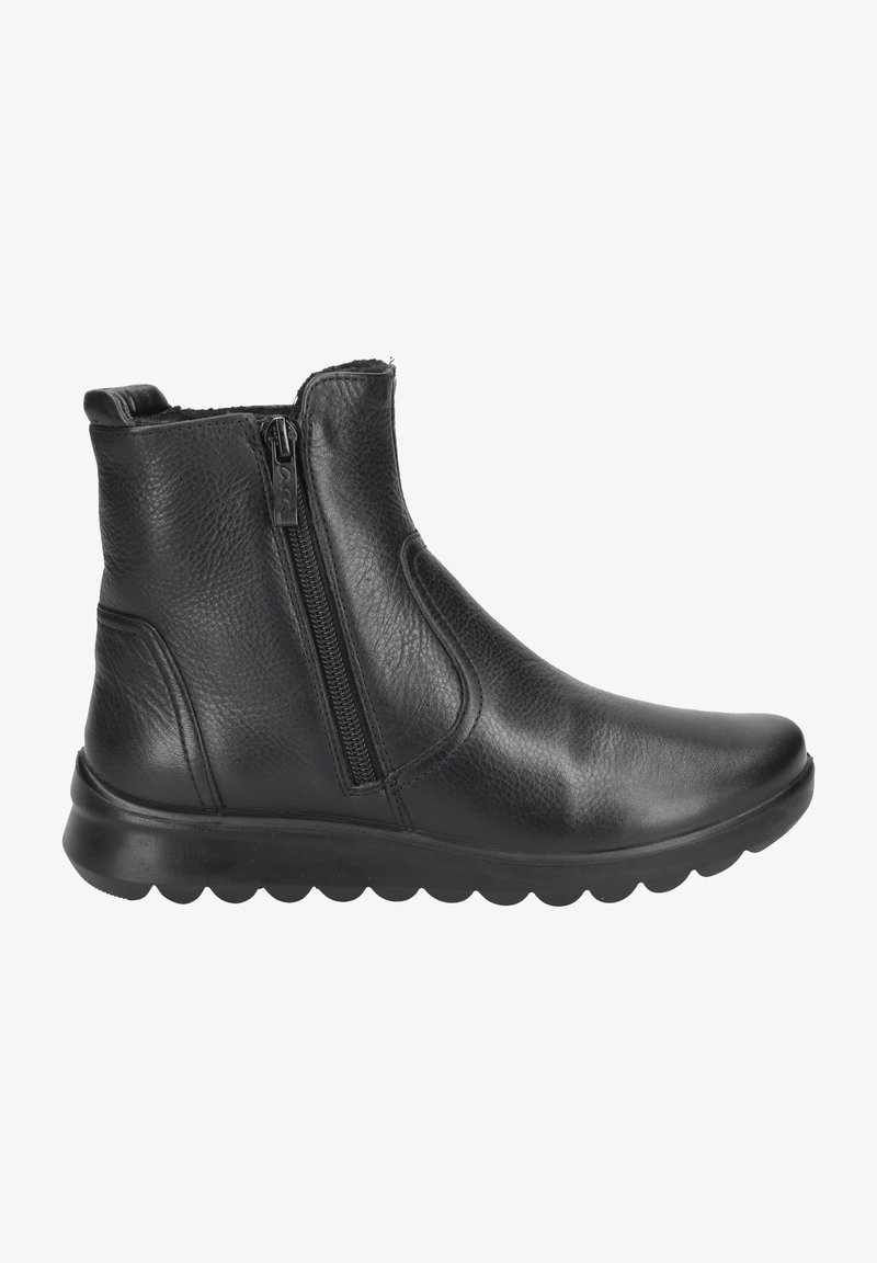 Schwarze Leder-Ankle-Boots mit glatter Oberfläche, seitlichem Reißverschluss und strukturierten Akzenten. Mit abgerundeter Schuhspitze und gepolsterter Sohle für erhöhten Komfort.