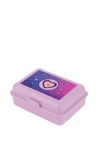 Lunch box viola in plastica con un design a forma di cuore su uno sfondo sfumato che va dal rosa al viola, con stelle e una chiusura del coperchio sicura.