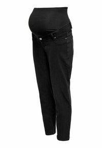 Crne trudničke traperice s rastezljivim visokim pojasom. Slim fit dizajn, s prednjim džepovima i klasičnom teksturom trapera.