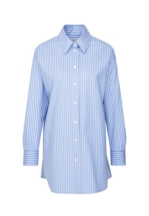 Blauw-witte verticaal gestreepte blouse met lange mouwen, klassieke kraag en witte knoopsluiting aan de voorkant, met contrasterende gestreepte manchetten.