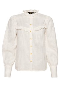 Blusa blanca de botones con rayas verticales doradas, cuello con volantes y detalle en el pecho, mangas largas abullonadas y botones dorados en el frente.