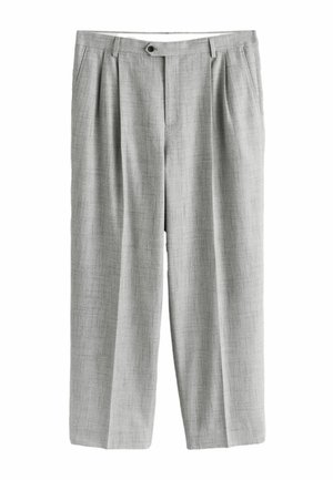 Hellgraue Anzughose mit Falten, Seitentaschen, Gürtelschlaufen und einem Knopfverschluss an der Taille, vor weißem Hintergrund präsentiert.