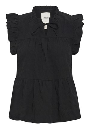 Schwarze Bluse mit Rundhalsausschnitt, rüschens kurzen Ärmeln, einer Bindeschnur und einem gestuften Saum aus strukturiertem Stoff.