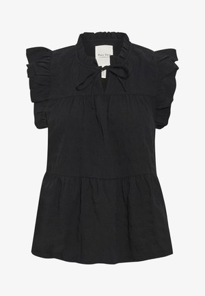 Musterniga musta pluus, millel on ümmargune kaelus, volangidega lühikesed varrukad, nööri sulgemine ja kihiline äär tekstuuriga kangast.