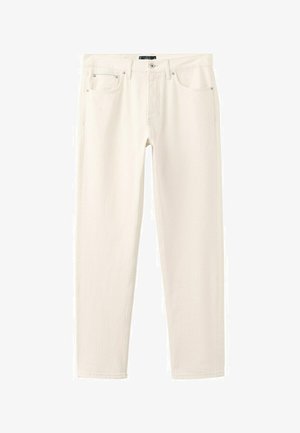 Jeans in denim bianco con cinque tasche, chiusura con bottoni e passanti per cintura, mostrati distesi su uno sfondo bianco.