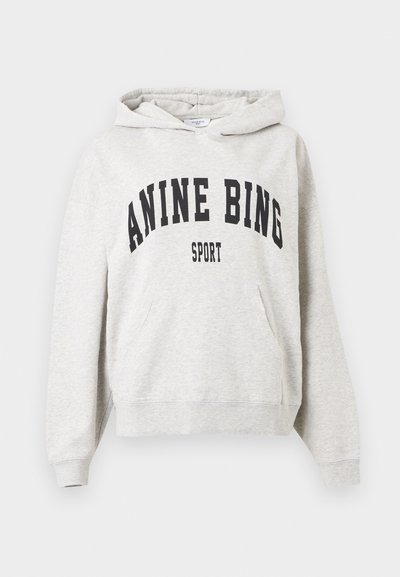 Light gray hoodie with front pocket and "ANINE BING SPORT" printed in large black letters across the chest.