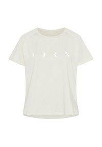 Balta trumpa rankovė t-shirt mašina, pagaminta iš minkštos medžiagos, su laisvu kirpimu ir "BDRY" išpjovimo dizainu priekyje. Apvalus kaklas ir tiesus apatinis kraštas.