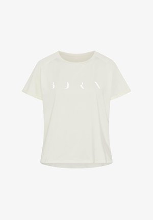 Biała koszulka z krótkim rękawem z miękkiego materiału o luźnym kroju z wyciętym wzorem "BDRY" z przodu. Okrągły dekolt i prosty krój u dołu.