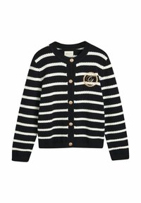 Marinblå och vit randig cardigan i texturerat tyg, med rund halsringning, knappar i guldton och broderad logodetalj.