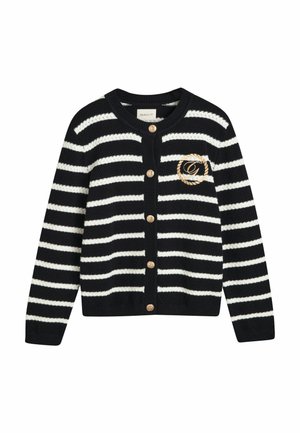 Marine- og hvidstribet cardigan lavet af struktureret stof, med rund hals, guldtonede knapper og broderet logo-detail.