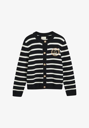 Marine- og hvidstribet cardigan lavet af struktureret stof, med rund hals, guldtonede knapper og broderet logo-detail.