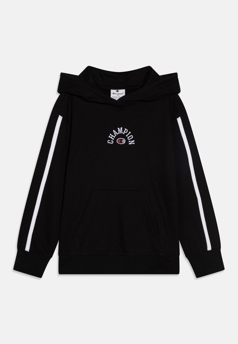 Čierna mikina s veľkou kangaroo vreckom, vyšívaným logom "Champion" a bielymi pruhmi pozdĺž rukávov. Mäkka látka, široké manžety a kapucňový dizajn.