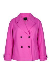 Rosa dubbelknäppt jacka med stor krage, svarta knappar och manschettdetaljer. Tillverkad av ett slätt tyg med en strukturerad passform och inga synliga mönster.