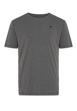 Kortärmad T-shirt med rund hals i mörkgrå, tillverkad av ett mjukt tyg. Har en liten svart logotyp på övre vänstra bröstet.