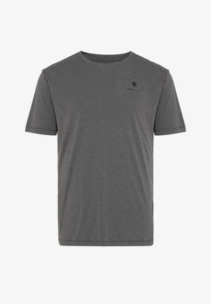 Kortärmad T-shirt med rund hals i mörkgrå, tillverkad av ett mjukt tyg. Har en liten svart logotyp på övre vänstra bröstet.