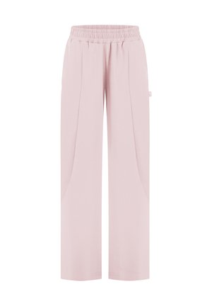 Hellrosa Hosen mit weitem Bein, elastischem Bund und dezenten Nahtdetails vorne, dargestellt auf weißem Hintergrund.