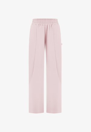 Hellrosa Hosen mit weitem Bein, elastischem Bund und dezenten Nahtdetails vorne, dargestellt auf weißem Hintergrund.