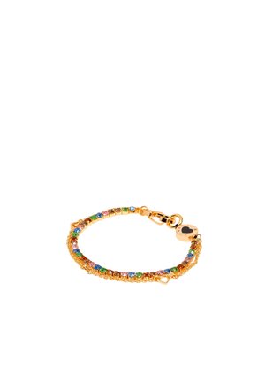 Pulsera de oro con piedras preciosas coloridas en un engaste de garras, con una delicada cadena y un cierre de langosta.