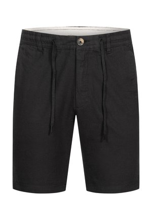 Șorturi negre din material, cu talie elastică, șnur și o închidere cu un singur buton. Fără buzunare vizibile.