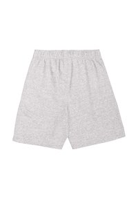 Graue Baumwollshorts mit einem elastischen Bund, die ein einfaches Design und einen knielangen Schnitt aufweisen, ohne Taschen oder zusätzliche Akzente.
