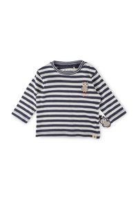 Langarmshirt in Navy und Weiß mit Streifen aus Baumwolle, das ein Eulenmotiv auf der Vorderseite und einen hängenden Eulenakzent am Ärmel hat.