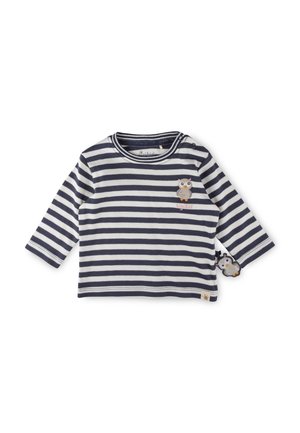 Langarmshirt in Navy und Weiß mit Streifen aus Baumwolle, das ein Eulenmotiv auf der Vorderseite und einen hängenden Eulenakzent am Ärmel hat.