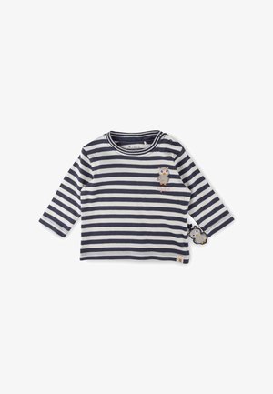 Langarmshirt in Navy und Weiß mit Streifen aus Baumwolle, das ein Eulenmotiv auf der Vorderseite und einen hängenden Eulenakzent am Ärmel hat.