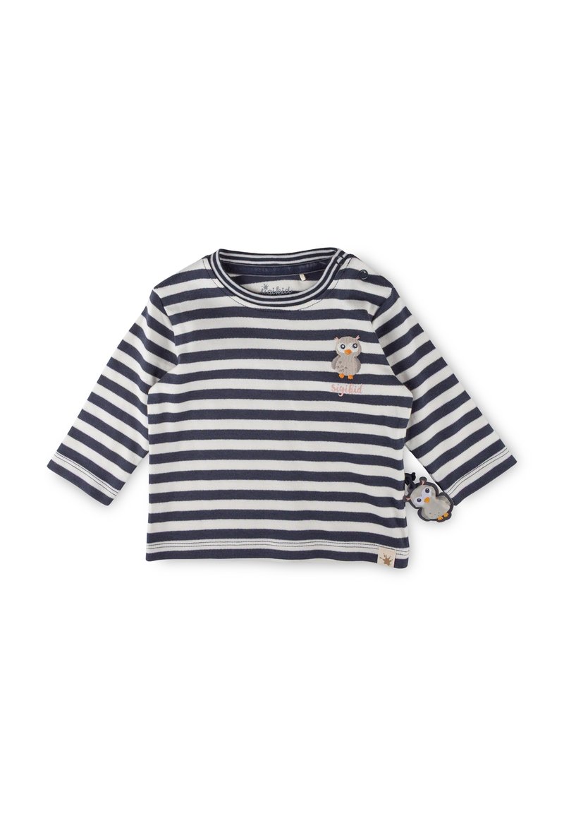 Langarmshirt in Navy und Weiß mit Streifen aus Baumwolle, das ein Eulenmotiv auf der Vorderseite und einen hängenden Eulenakzent am Ärmel hat.