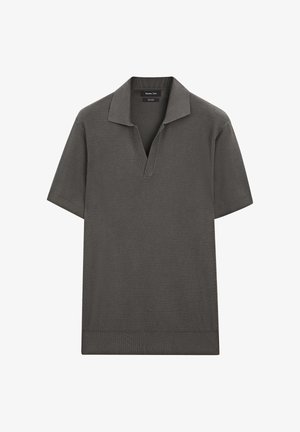 Short-sleeve polo shirt in dark gray, featuring a textured knit fabric, v-neck collar, and ribbed cuffs and hem. No visible branding.