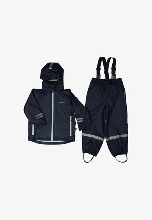 Marine vandtæt jakke og matchende bukser med reflekterende striber, elastiske manchetter, justerbar hætte og seler på bukserne.