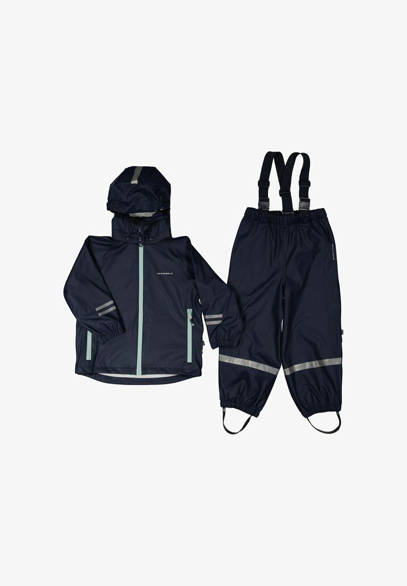 Marine vandtæt jakke og matchende bukser med reflekterende striber, elastiske manchetter, justerbar hætte og seler på bukserne.