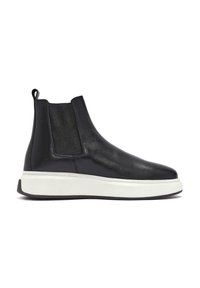 Black leather ankle boot with elastic side panels, white midsole, and textured rubber outsole. Features a pull tab at the back for easy wear.