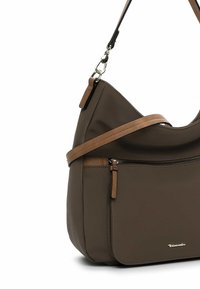 Brown synthetic shoulder bag with a smooth texture, featuring a zipper pocket and tan leather accents. Adjustable strap with silver hardware.
