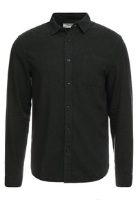 Schwarzes langärmliges Hemd aus leichtem Stoff, mit einem Knopfkragen, Brusttasche und durchgehender Knopfleiste vorne.
