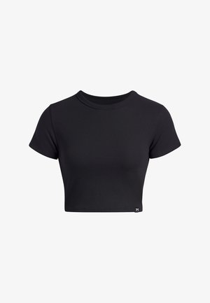 Melna ribota īsa piedurkņu topa ar apaļu dekoltē. Piedāvā pieguļošu dizainu un nelielu logotipa birku apakšējā kreisajā stūrī.