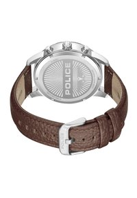 Montre avec bracelet en cuir marron et fond en acier inoxydable, arborant un design éclatant en rayon de soleil et le mot "POLICE" gravé.