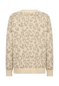 Beige tröja med ett strukturerat leopardmönster i ljust brunt. Har rundad halsringning och ribbade muddar och nederkant.