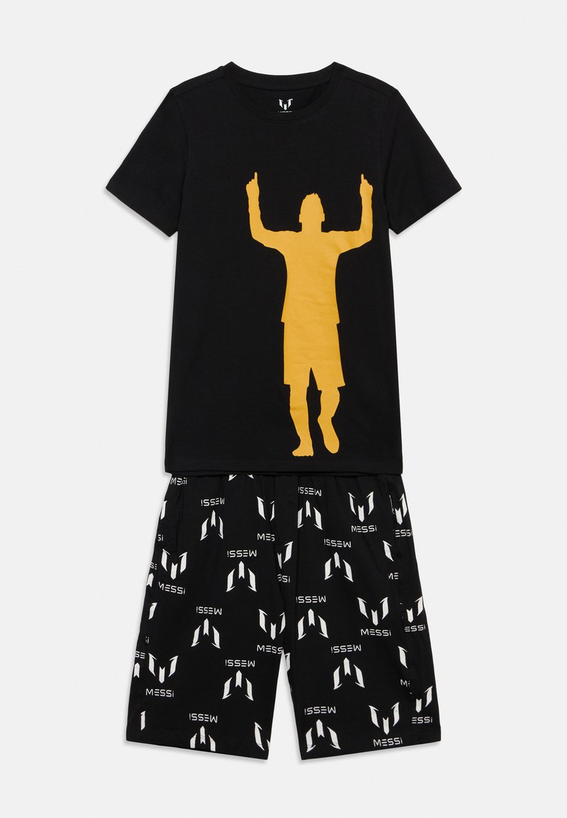 Chemise noire à manches courtes avec silhouette jaune d'une personne levant les deux bras, associée à un short noir orné de textes et logos blancs "MESSI".