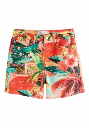 Bunte Shorts mit tropischem Print, die Palmblätter, Blumen und kleine Affen zeigen, mit Knopf- und Reißverschluss sowie vorderen Taschen.