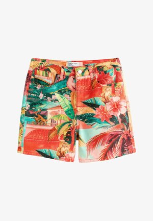 Värvikad lühikesed püksid troopilise trükiga, millel on palmilehed, lilled ja väikesed ahvid, kinnitatavad nööpide ja luku abil ning esitaskutega.