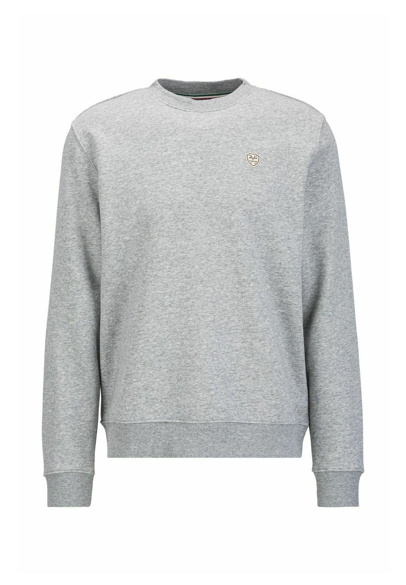 Grauer Pullover aus weichem Material, mit langen Ärmeln, rundem Halsausschnitt und kleinem Logo auf der linken Brust. Glatte Textur, lässiges Design.