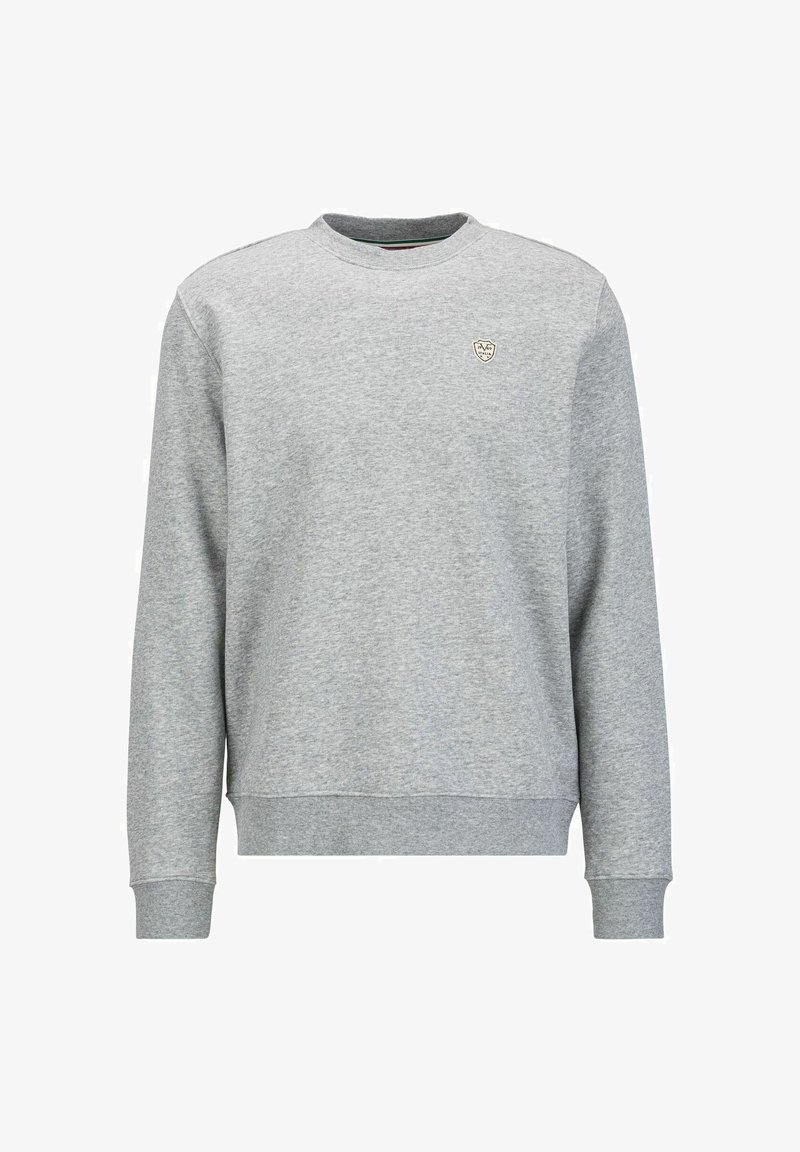 Grauer Pullover aus weichem Material, mit langen Ärmeln, rundem Halsausschnitt und kleinem Logo auf der linken Brust. Glatte Textur, lässiges Design.