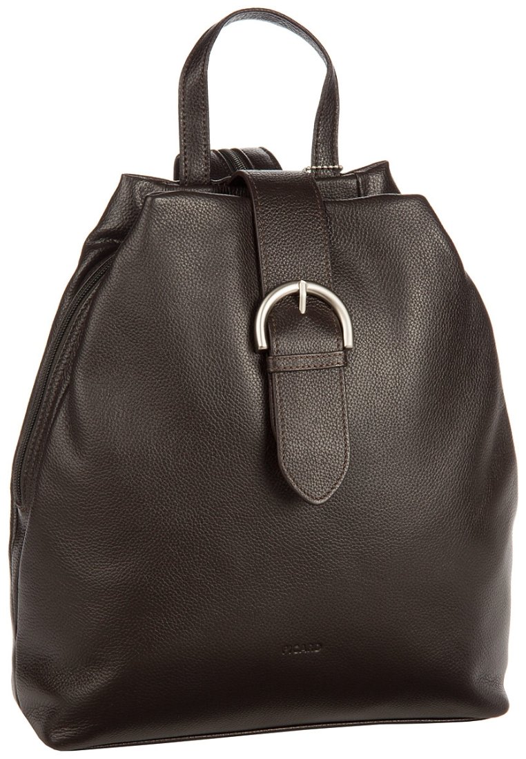 Sac à dos en cuir marron avec une finition texturée, doté d'une poignée supérieure et d'un détail en bouclerie en métal argenté.