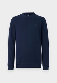 Sudadera azul marino de algodón, con cuello redondo y mangas largas. Sutil aplique de logo en el pecho. Textura suave.