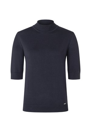 Dunkelblaues kurzärmliges Rollkragenpullover, aus glattem Strickstoff gefertigt, mit einer taillierten Passform sowie einem gerippten Kragen und Saum.