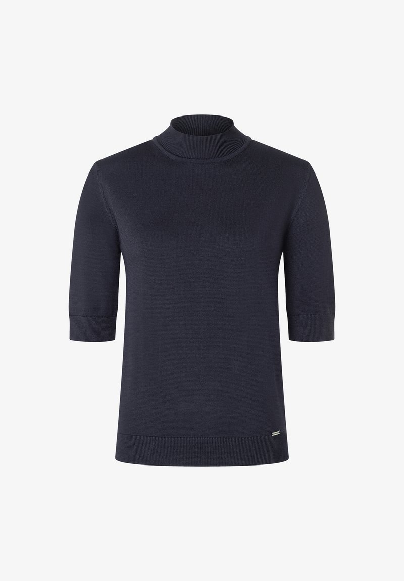 Dunkelblaues kurzärmliges Rollkragenpullover, aus glattem Strickstoff gefertigt, mit einer taillierten Passform sowie einem gerippten Kragen und Saum.