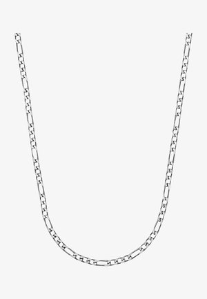 Zilveren ketting met een combinatie van afwisselende ovale en rechthoekige schakels, met een gladde textuur en een gepolijste afwerking. De lengte is gemiddeld.