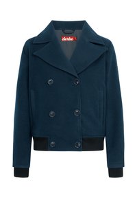 Giacca doppio petto blu navy con ampi rever, due tasche laterali e polsini a coste. Il tessuto ha una finitura morbida e testurizzata. Etichetta interna rossa.